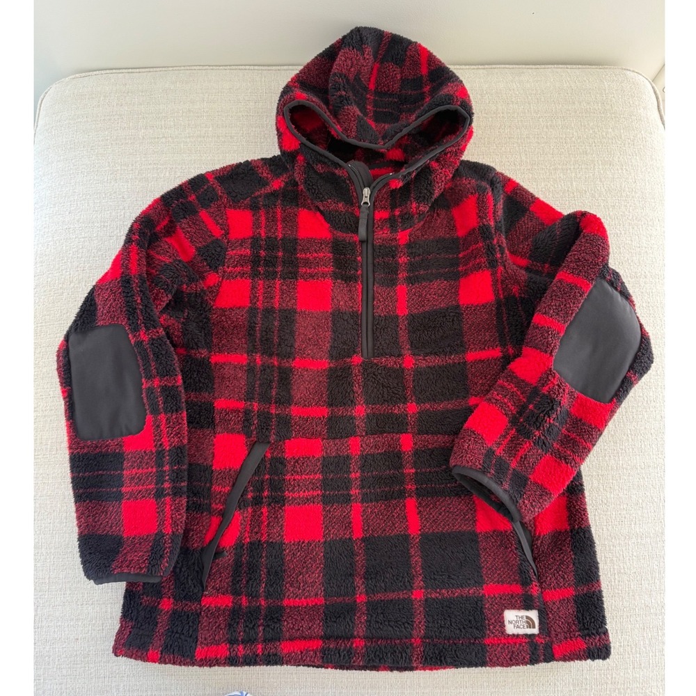 The North Face Campshire Sherpa 1/4 Zip Hoodie Women's XL Buffalo Plaid Red